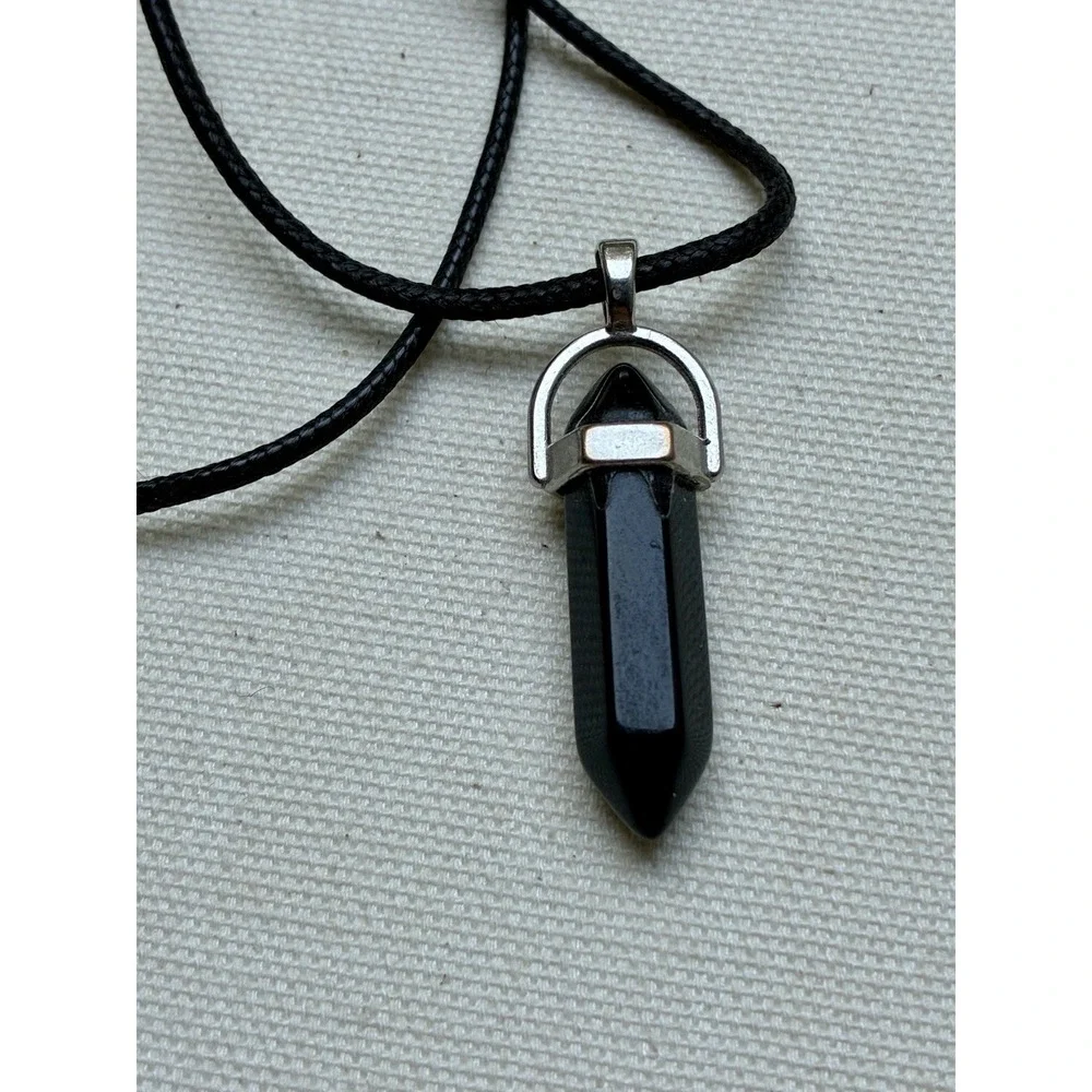 Solid Black Crystal Point Pendant Necklace Cord Silver Tone Boho Y2K Bohemian